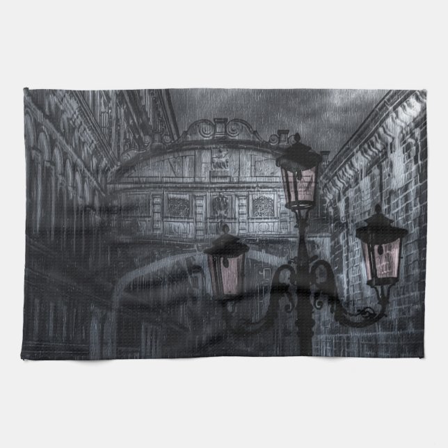 Dark Venice Rain Bridge of Sighs at Night Kitchen Towel (Horizontal)