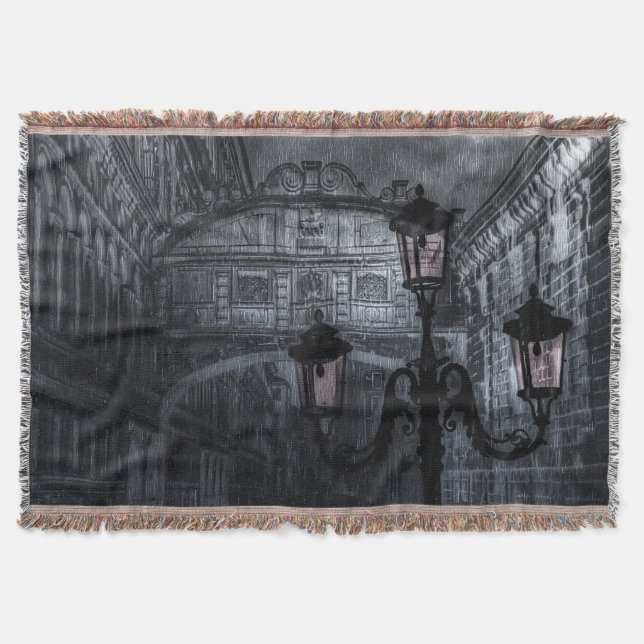 Dark Venice Rain Bridge of Sighs at Night Throw Blanket (Front)