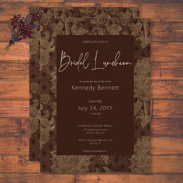 Dark Victorian Burgundy Damask Bridal Luncheon Invitation (Dark Victorian Burgundy Damask Bridal Luncheon Invitation)