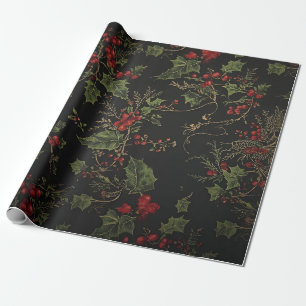 Dark Victorian Crimson Berries & Gold Vine Wrappin Wrapping Paper