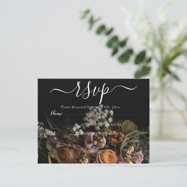 Dark vintage Floral RSVP Postcard (Standing Front)