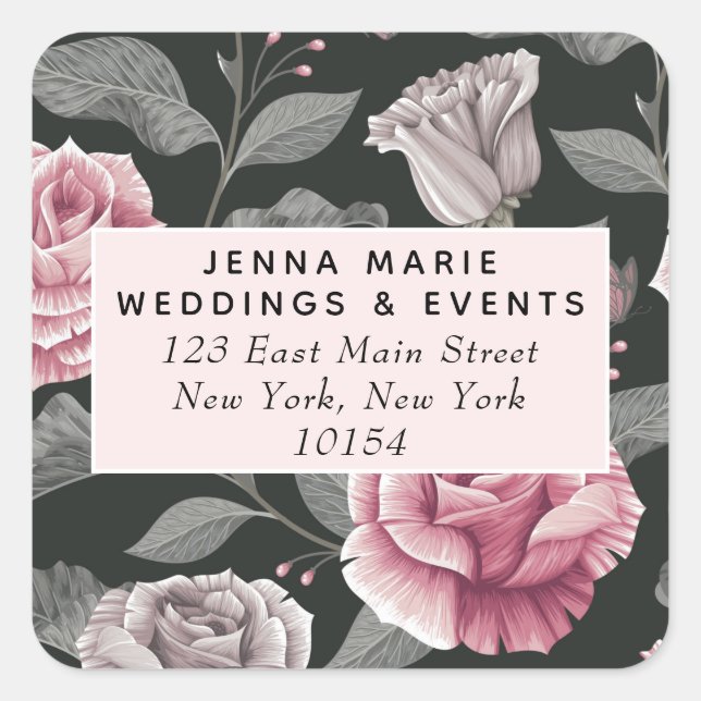 Dark Vintage Floral Square Address Label (Front)