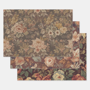 Dark Vintage Floral Wrapping Paper Set of 3 Gothic