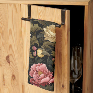 Dark Vintage Peony Floral Patterned Kitchen Towel