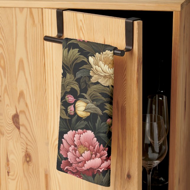 Dark Vintage Peony Floral Patterned Kitchen Towel (Thirds Fold)