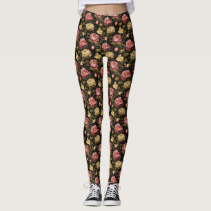 Dark Vintage Peony Floral Patterned Leggings