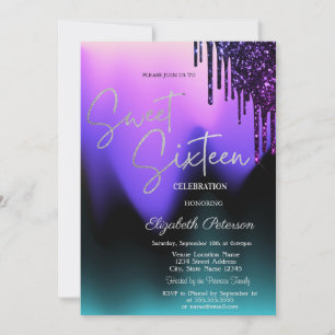 Dark Violet Glitter Drips,Ombre Sweet 16 Invitation
