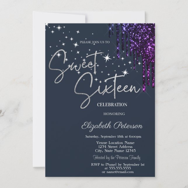 Dark Violet Glitter Drips, Stars Blue Sweet 16  Invitation (Front)