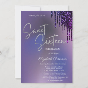 Dark Violet Glitter Drips Violet Sweet 16 Invitation