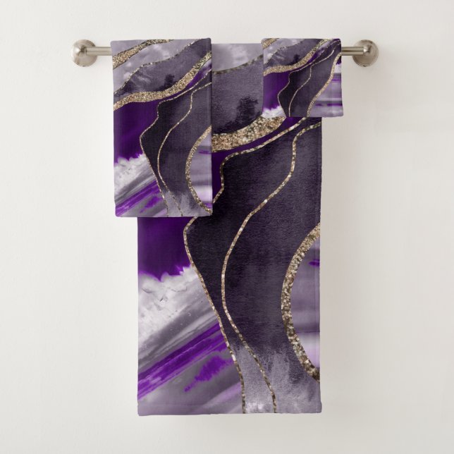 Dark Violet Marble Agate Gold Glitter Glam #1  Bath Towel Set (Insitu)