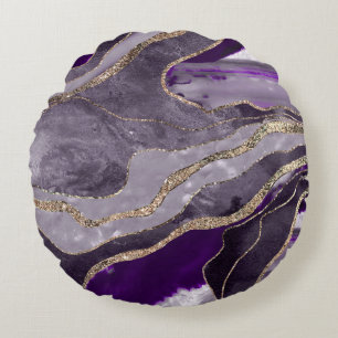 Dark Violet Marble Agate Gold Glitter Glam #1 Round Pillow
