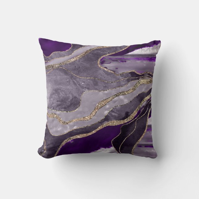 Dark Violet Marble Agate Gold Glitter Glam  Throw Pillow (Front)