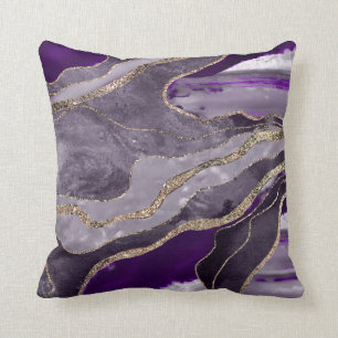 Dark Violet Marble Agate Gold Glitter Glam  Throw Pillow
