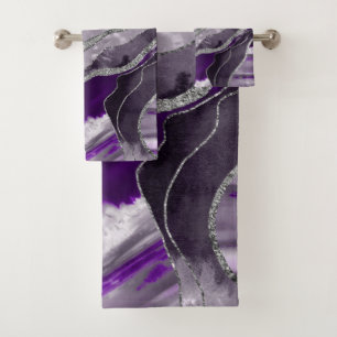 Dark Violet Marble Agate Silver Glitter Glam #1  Bath Towel Set
