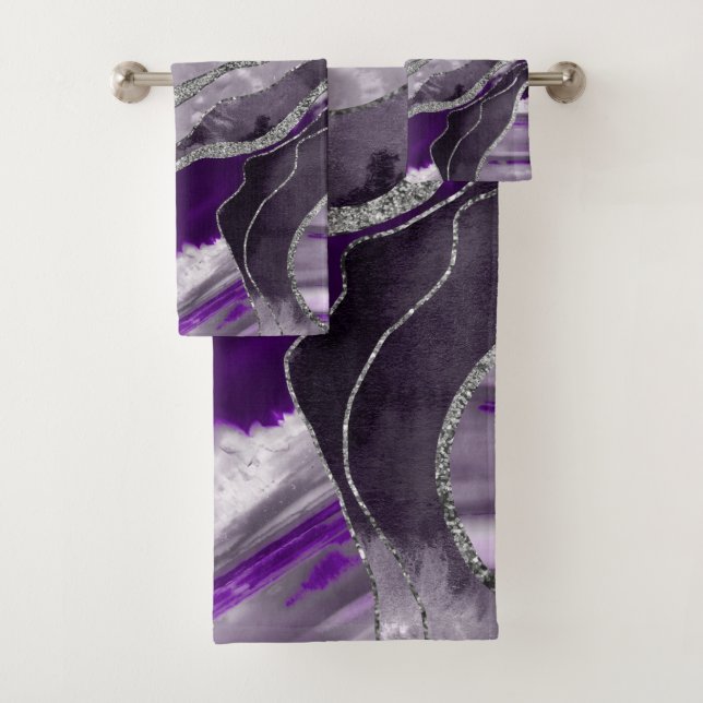 Dark Violet Marble Agate Silver Glitter Glam #1  Bath Towel Set (Insitu)