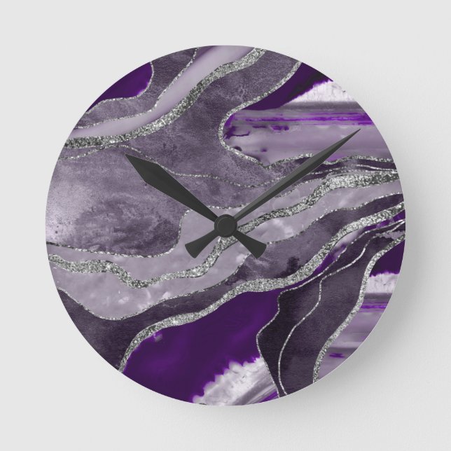 Dark Violet Marble Agate Silver Glitter Glam #1  Round Clock (Front)