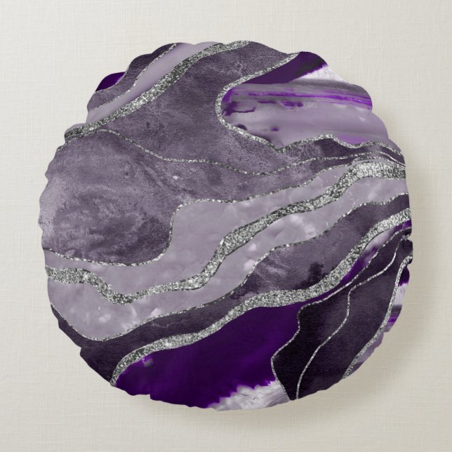 Dark Violet Marble Agate Silver Glitter Glam #1  Round Pillow (Front)