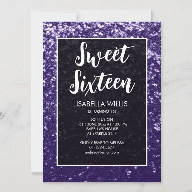 Dark violet purple sparkle Sweet 16 elegant script Invitation (Front)