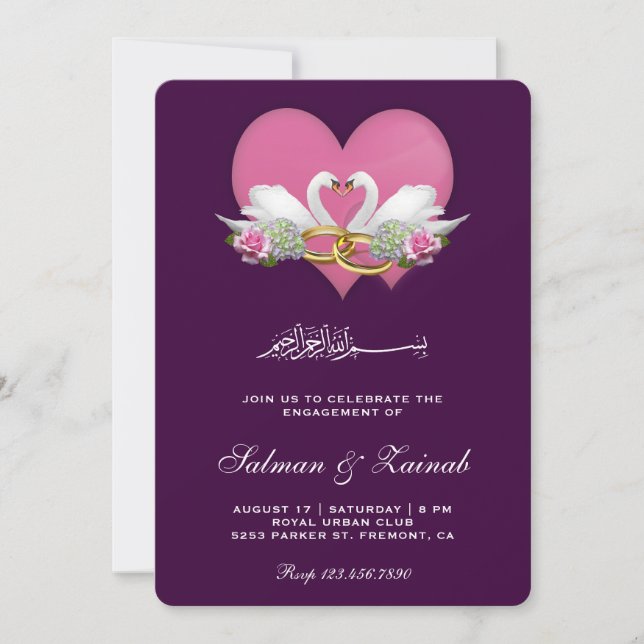 Dark Violet Romantic Swans Islamic Engagement Invitation (Front)