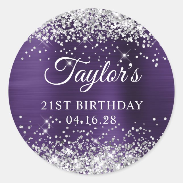 Dark Violet Silver Glittery Foil 21st Birthday Classic Round Sticker (Front)