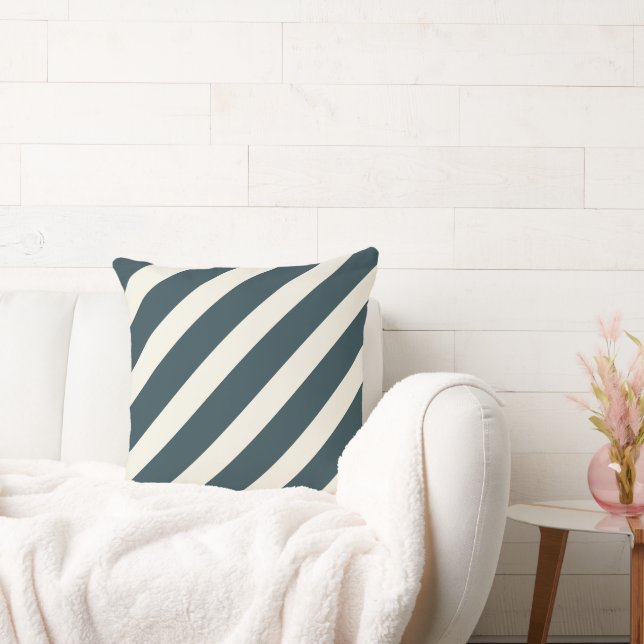 Dark Viridian Blue-Green & Ecru Striped Throw Pillow (Couch)