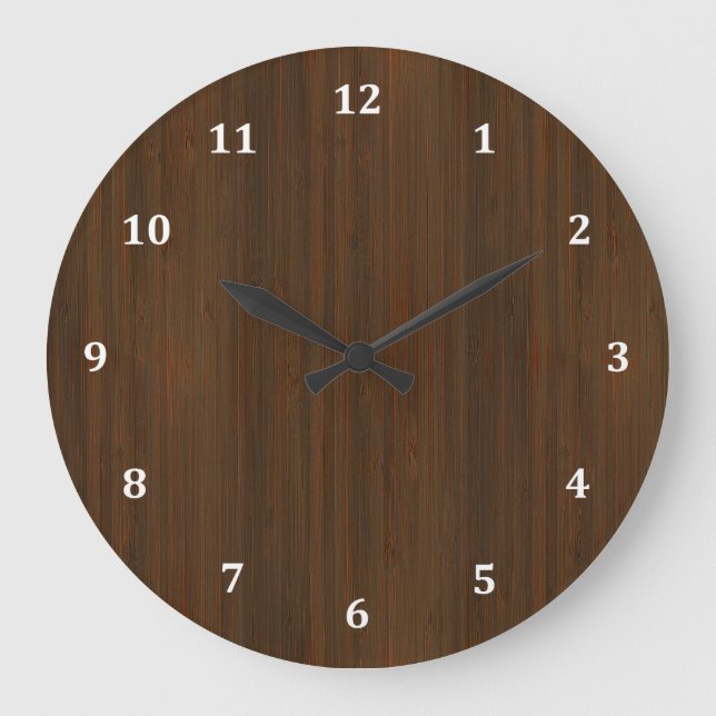 Dark Walnut Brown Bamboo Wood Grain Look Large Clock (Front)