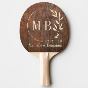 Dark Walnut Wood Leaf Wedding Monogram Ping Pong Paddle