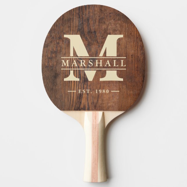 Dark Walnut Wood Monogram & Name Overlay Ping Pong Paddle (Front)