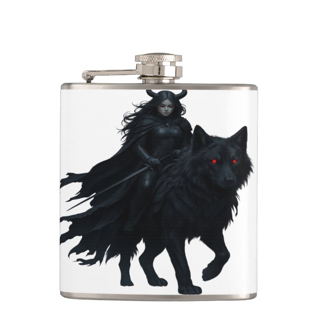 Dark Warrior on Shadowwolf - Mystical Fan Hip Flask (Front)