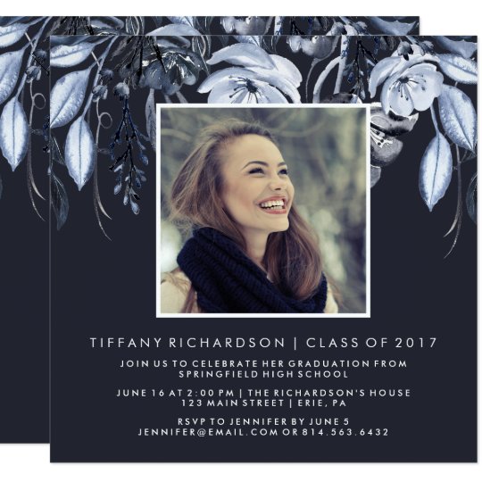 Dark Watercolor Floral | Photo Graduation Party Card