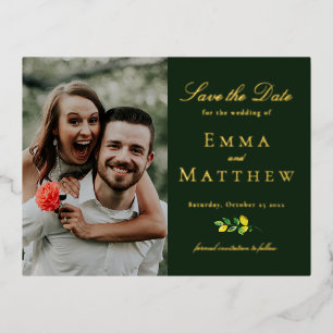 Dark Watercolor Lemon Photo Foil Invitation Postcard