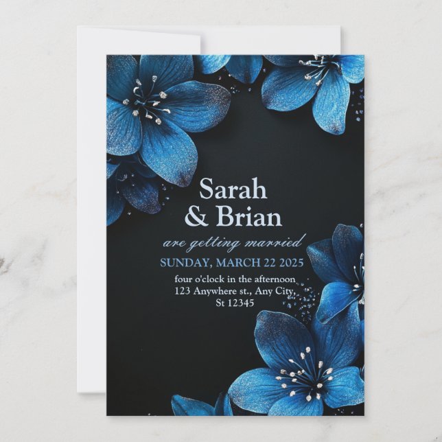 Dark wedding invitation card glitter blue flowers (Front)