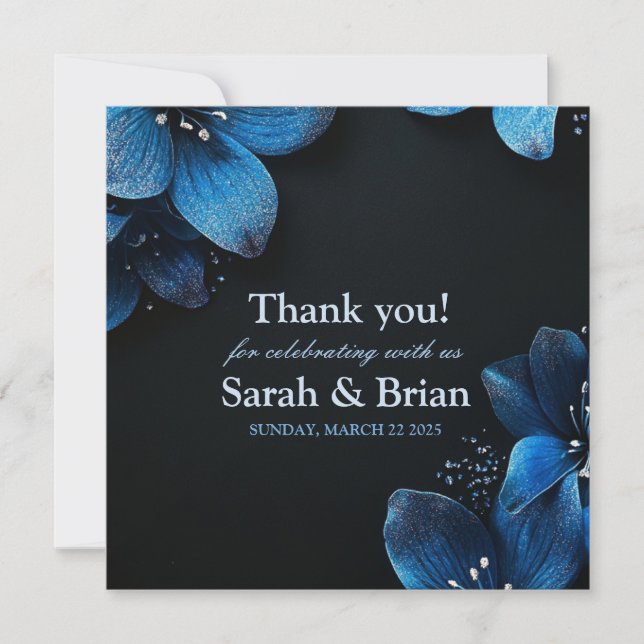 Dark wedding invitation card glitter blue flowers (Front)