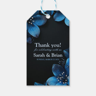 Dark wedding thank you card glitter blue flowers gift tags