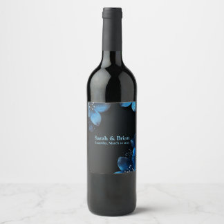 Dark wedding wine bottle glitter blue flowers label