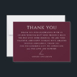 Dark Wine Fall Wedding. Elegant Minimalist Classic Thank You Card<br><div class="desc">Send a heartfelt note of gratitude with this elegant wedding thank you card in a dark wine background. The modern classic layout features refined serif typography and a clean, minimalist design that feels timeless and sophisticated. Perfect for couples planning a romantic, moody, fall or winter, or black-tie wedding. Personalize the...</div>