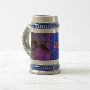 Dark winged figure flying across the space beer stein