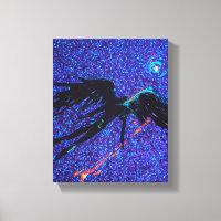 Dark winged figure flying across the space