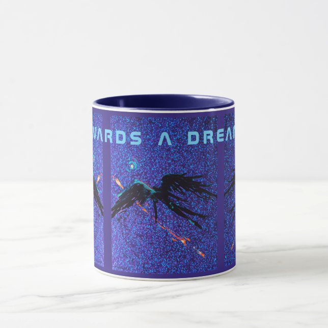 Dark winged figure flying across the space mug (Center)