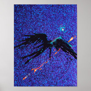Dark winged figure flying across the space poster