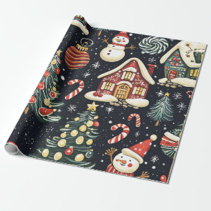 Dark Winter Cottages Red Snowman Candy Christmas Wrapping Paper