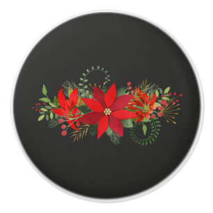 Dark Winter Red White Poinsettia Holiday Floral Ceramic Knob