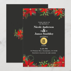 Dark Winter Wedding Poinsettia + Gold Holiday Invitation