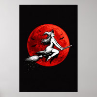 Dark Witch Flying Over Red Moon