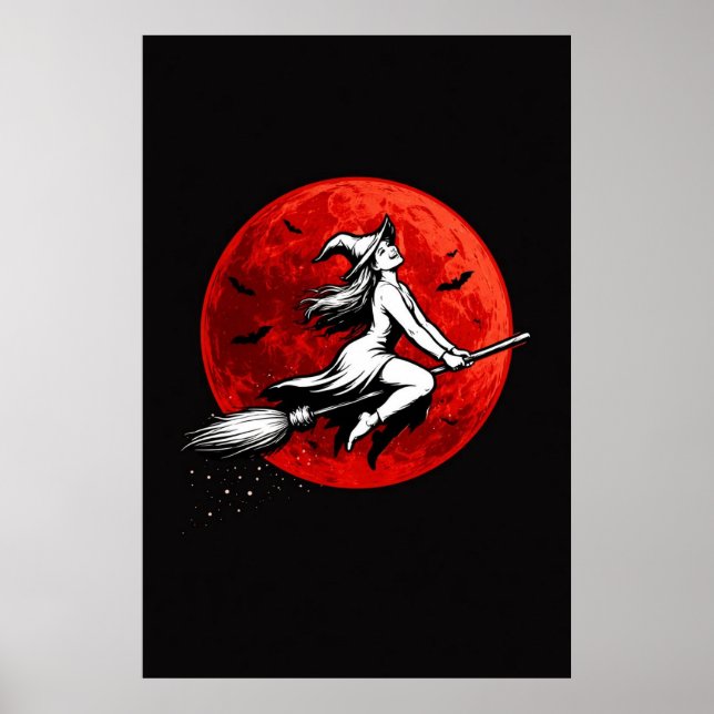 Dark Witch Flying Over Red Moon Poster (Front)