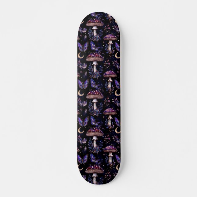Dark Witchy Mushroom Butterfly Celestial Pattern Skateboard (Front)