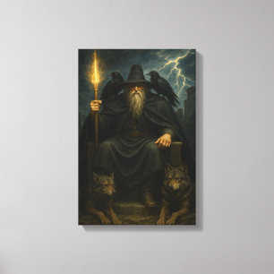Dark Wizard with Wolves and Ravens on Throne Canvas Print