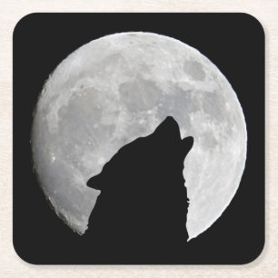 Dark Wolf and a Full Moon at Night Square Paper Coaster