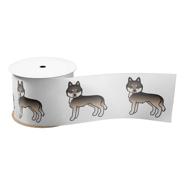 Dark Wolf Grey Siberian Husky Cute Cartoon Dog Satin Ribbon (Spool)