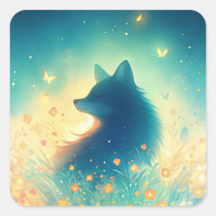 Dark Wolf Spirit in Golden Wildflower Meadow Square Sticker